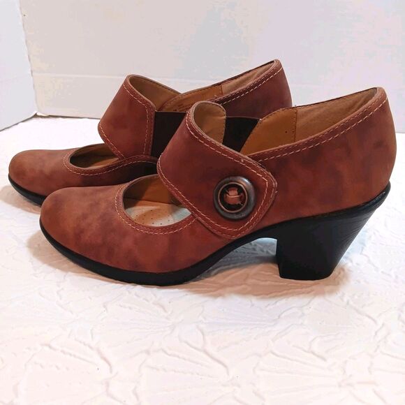 Softspots Brown Leather Mary Jane Block Heels Size 9 Slip On - Picture 1 of 10